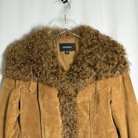 Express Vintage Y2K Dyed Lamb Trimmed Suede Jacket Tan Coat Sz Medium - Picture 2 of 10